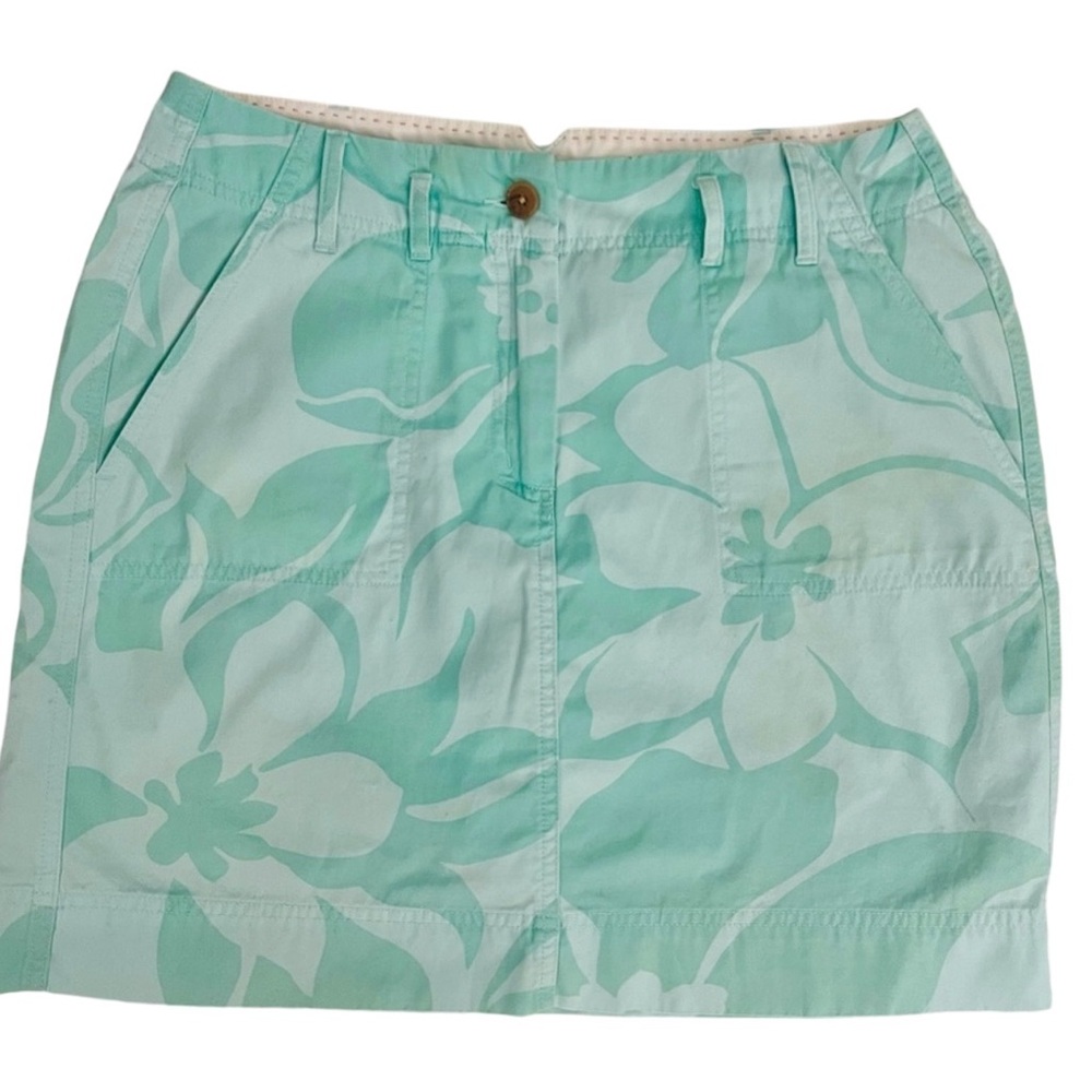 Lands End Midi Button Zip pocket Floral Tropical Hawaiian Teal Skirt 8 Petite
